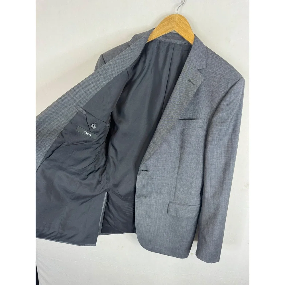 Z Zegna City Grey Wool Micro Check 2 Button Suit Jacket Blazer Size 40